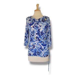 Diana Buchman Colorful Blue Cowl Neck, 3/4 Length Sleeve Stretchy Top. Size XS